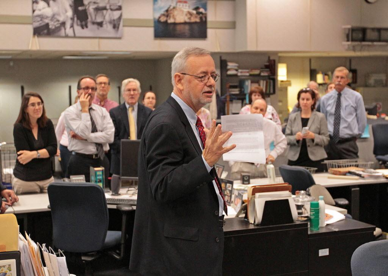 Dave Butler addresses the Providence Journal newsroom after being named executive editor and senior vice president of news and audience development in 2015. (Steve Szydlowski/Providence Journal)